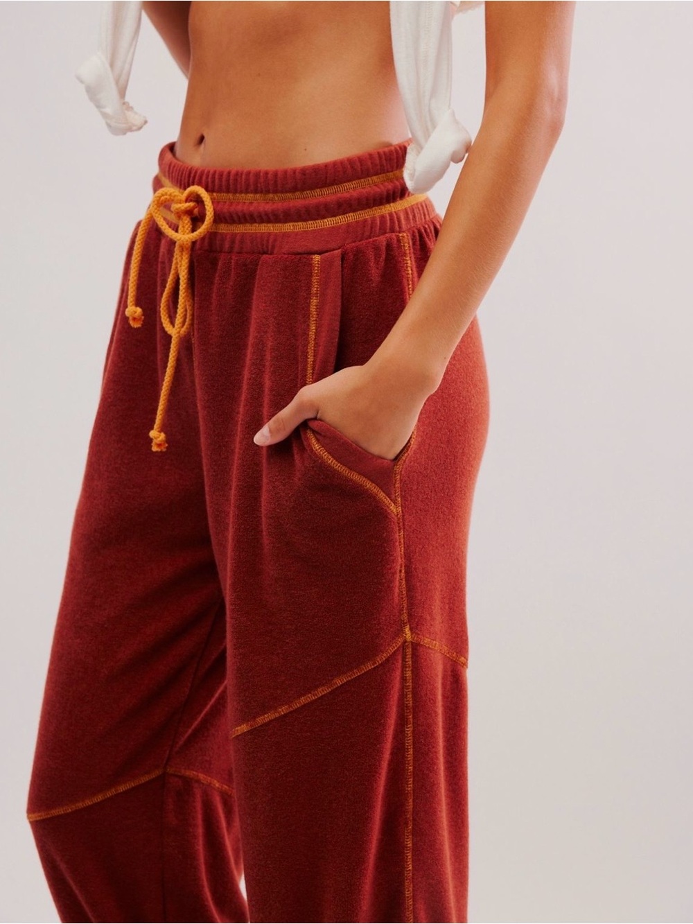 Free People Gimme More Drawstring Joggers with Mustard Trim. - Picture 2 of 3